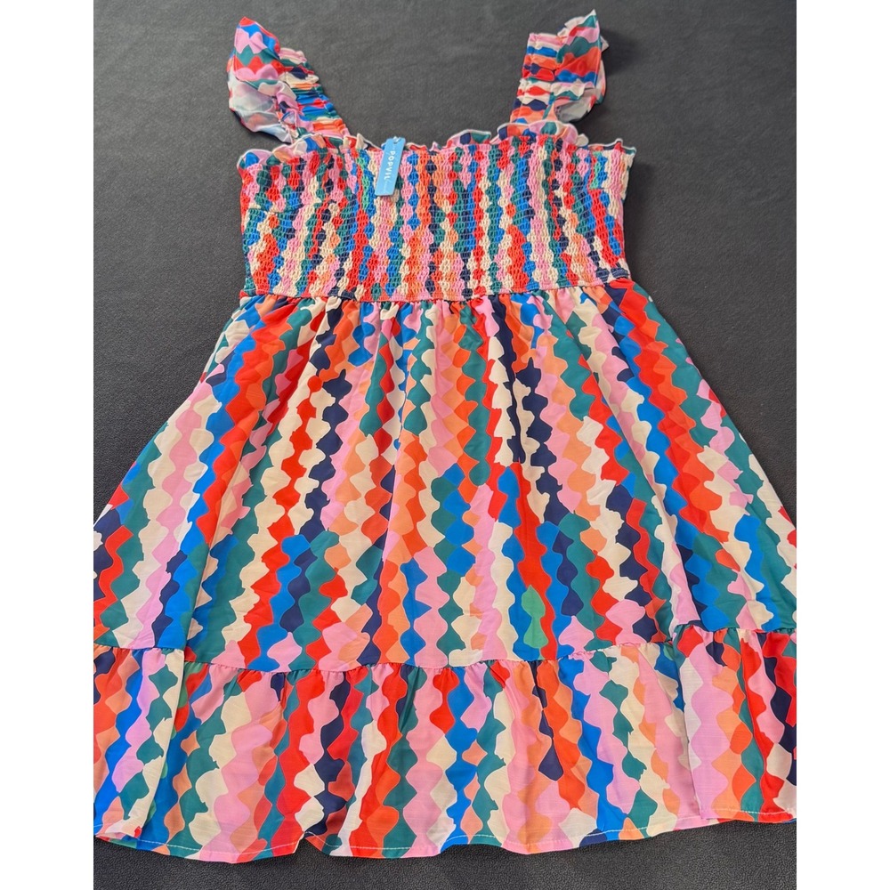 NWT Popvil Beach XL Multicolor Smocked Ruffle Mini Dress Geometric Wave Print